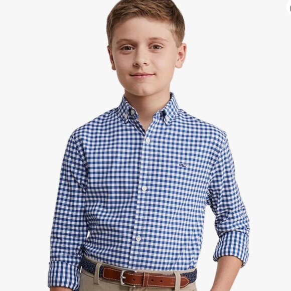 Vineyard Vines Toddler Boy Blue White Gingham Long Sleeve Button Down Size 4T - Picture 1 of 6